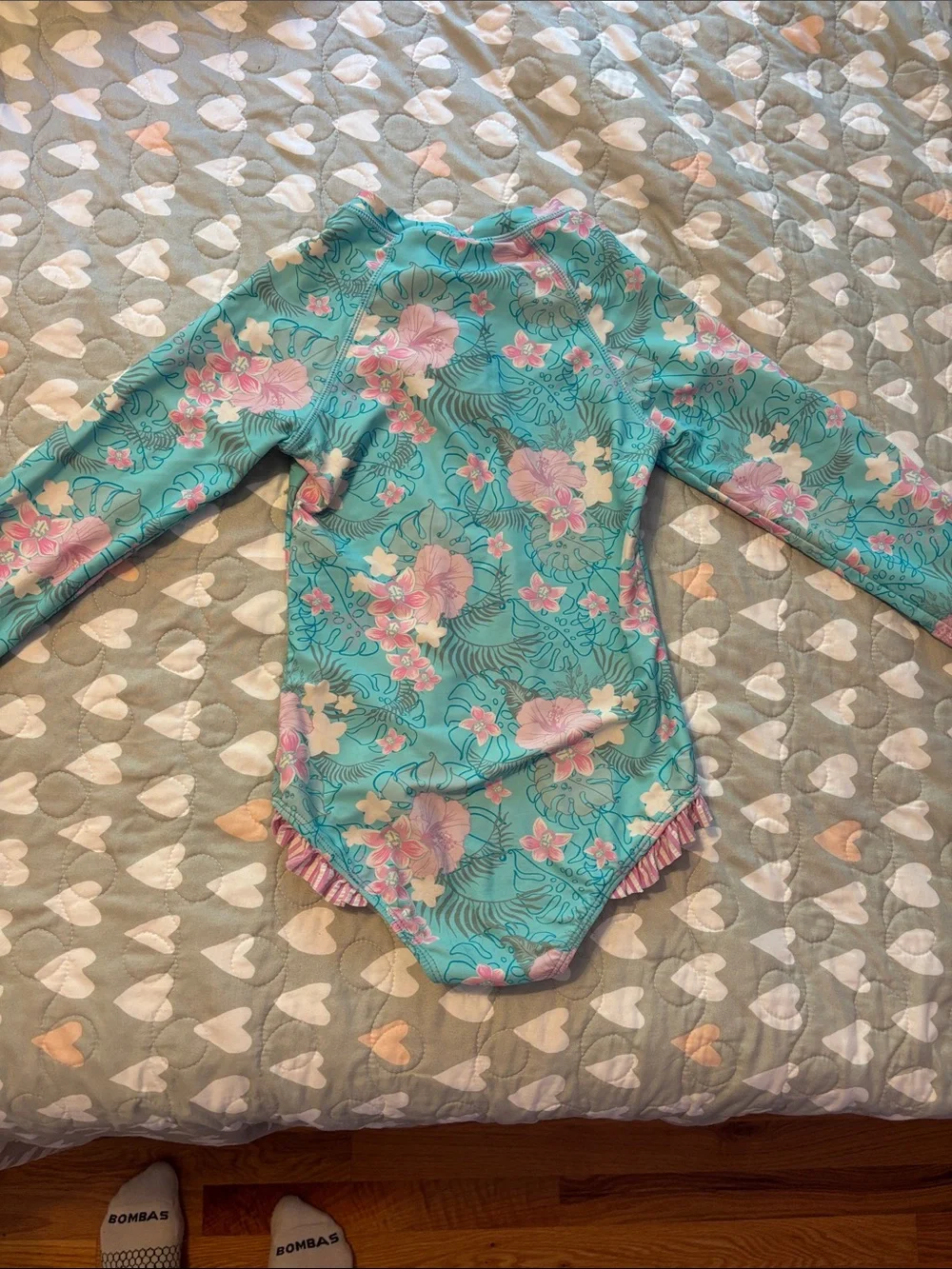 Ruffle Butts Turquoise & Pink Floral Long-Sleeve One-Piece Swimsuit